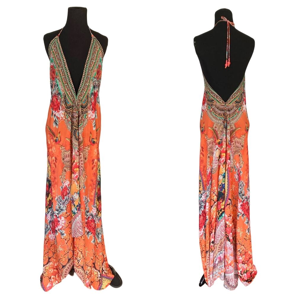 nwot SHAHIDA PARIDES Dress~S~M~L SILK Rhinestone A-Line High-Low Maxi Coral Blue